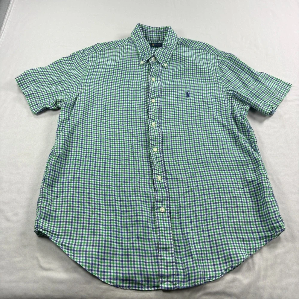 Polo Ralph Lauren Linen Shirt Mens Large Blue Green Plaid Button Up Camp Beach